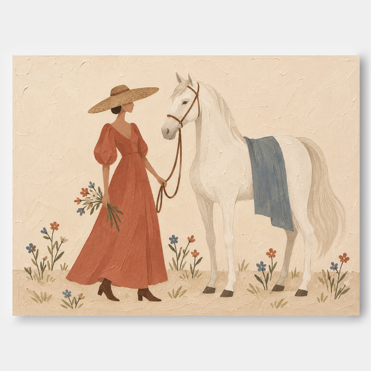 Woman With White Horse Hand-Painted Canvas Art In Vintage Red Dress