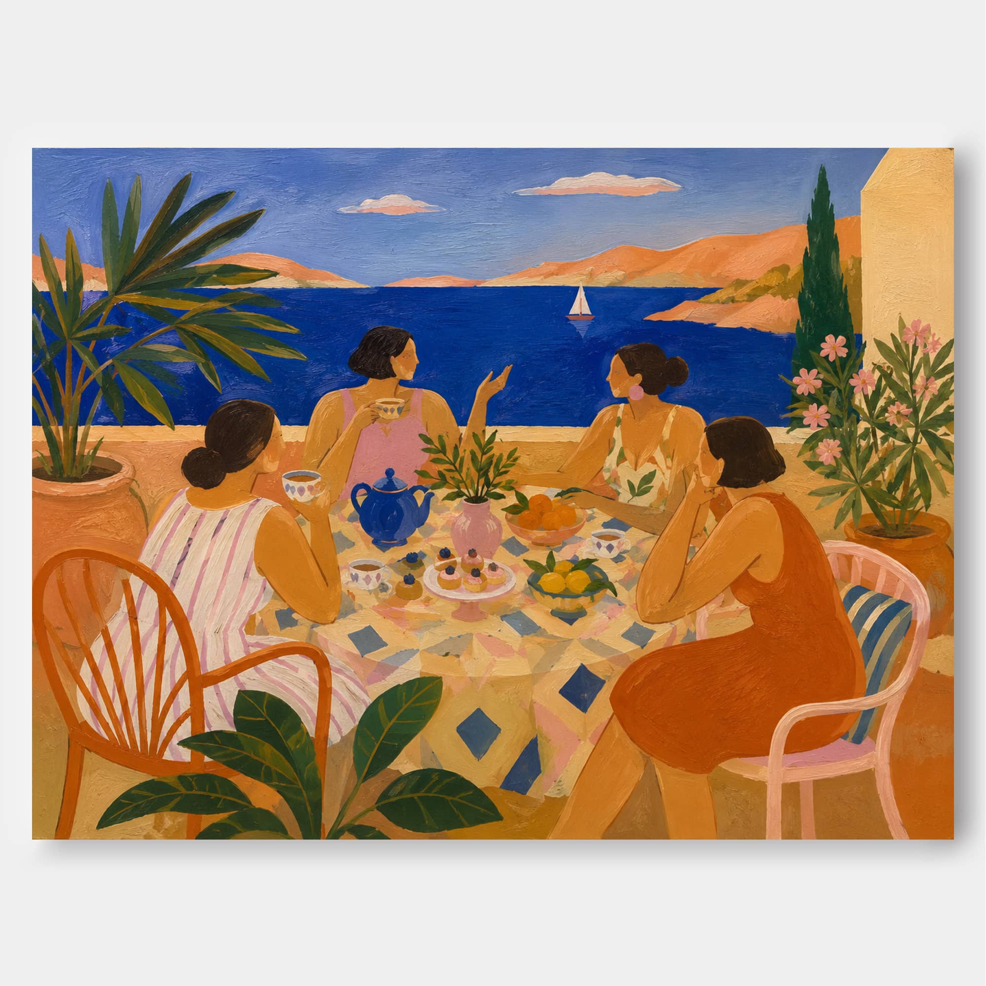 Dreamy Art Deco Style Painting Of Coastal Leisure And Elegant Tea Time
