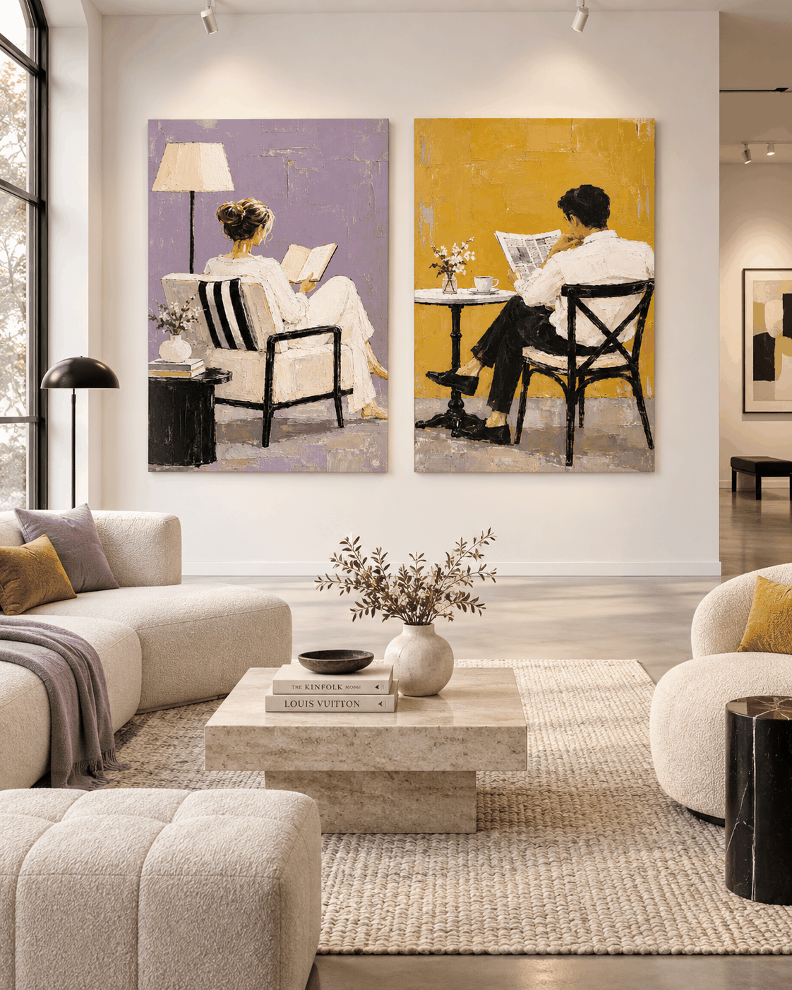 Hand-Painted Couple Reading Diptych Modern Wall Art Purple Yellow