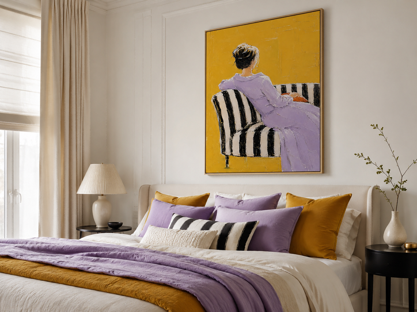 Handmade Impasto Oil Painting Of Seated Woman On Striped Sofa With Expressive Brushstrokes For Modern Home