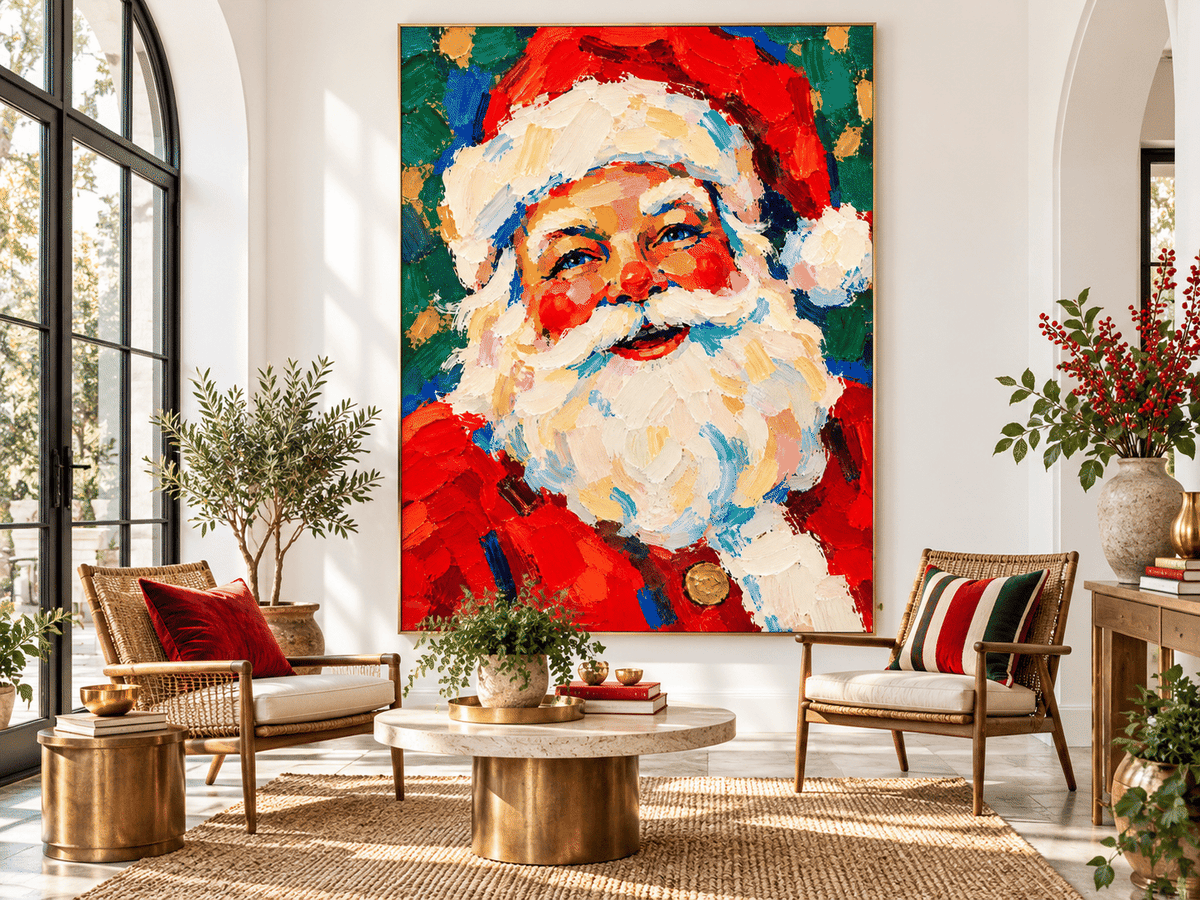 Modern Abstract Santa Painting In Retro Naive Art Style