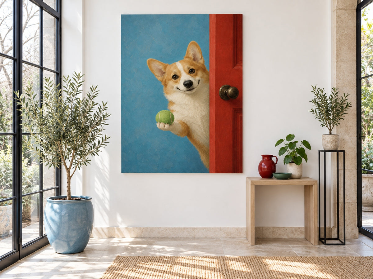 Hand-Painted Corgi With Tennis Ball Original Canvas Art