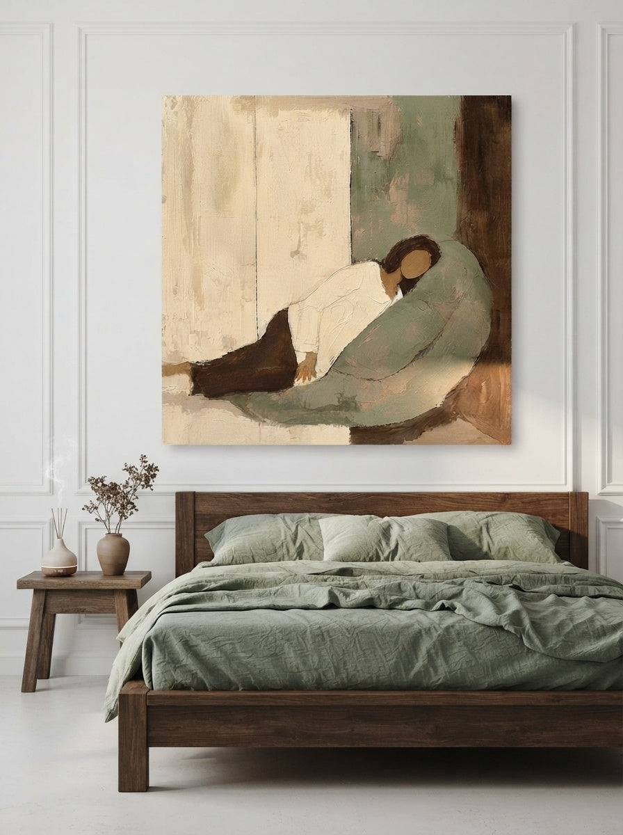 Vintage Minimalist Square Canvas Painting With Soft Beige And Green Tones For Modern Living Room Decor