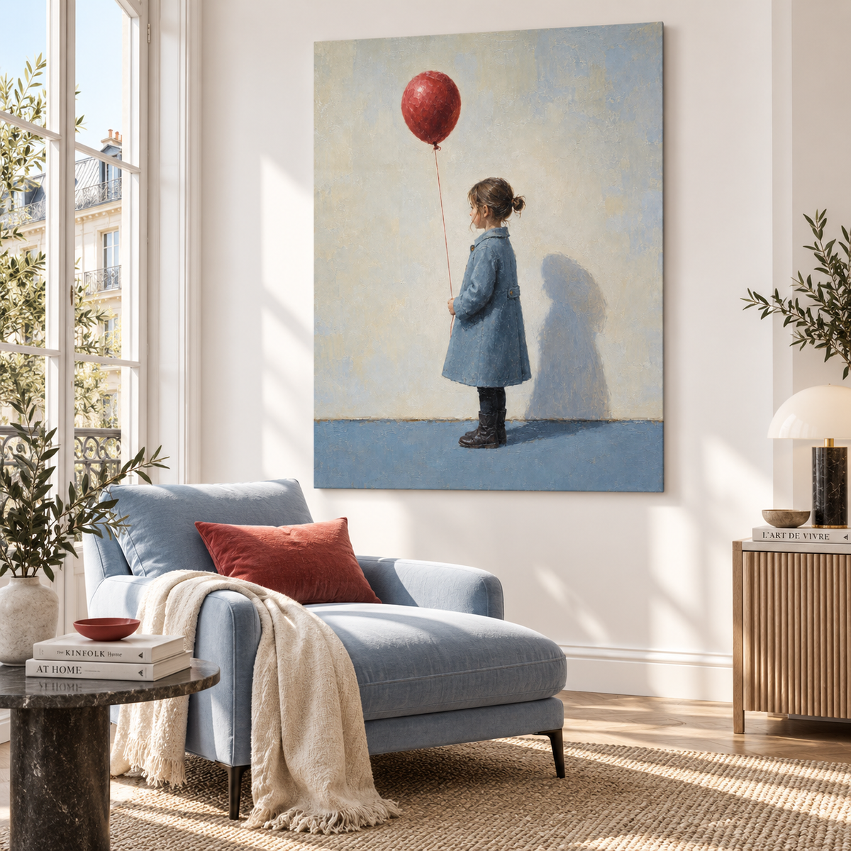Abstract Naive Art Canvas Painting Red Balloon Gray Background Home Decor