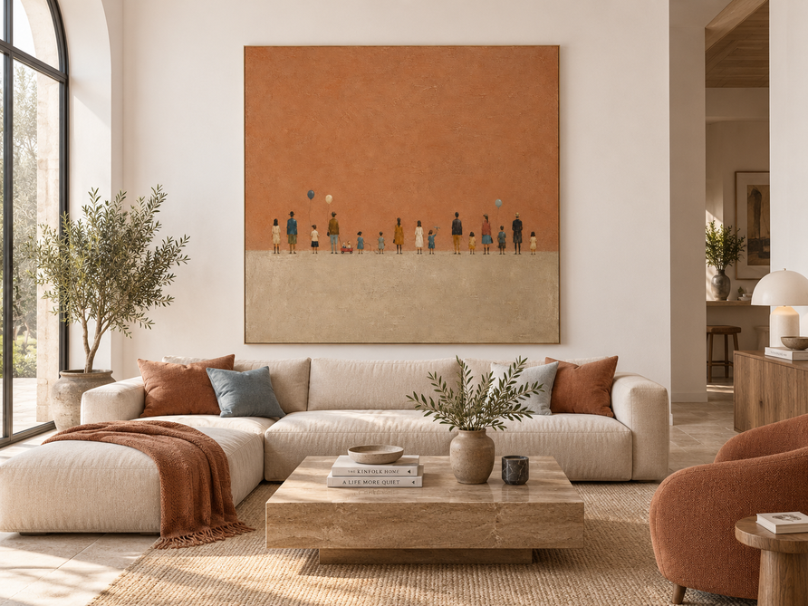 Hand-Painted Minimalist People Art On Textured Brown Canvas