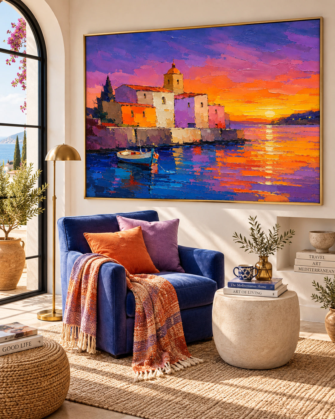 Mediterranean Harbor Sunset Hand-Painted Canvas Art With Vibrant Purple And Orange Tones