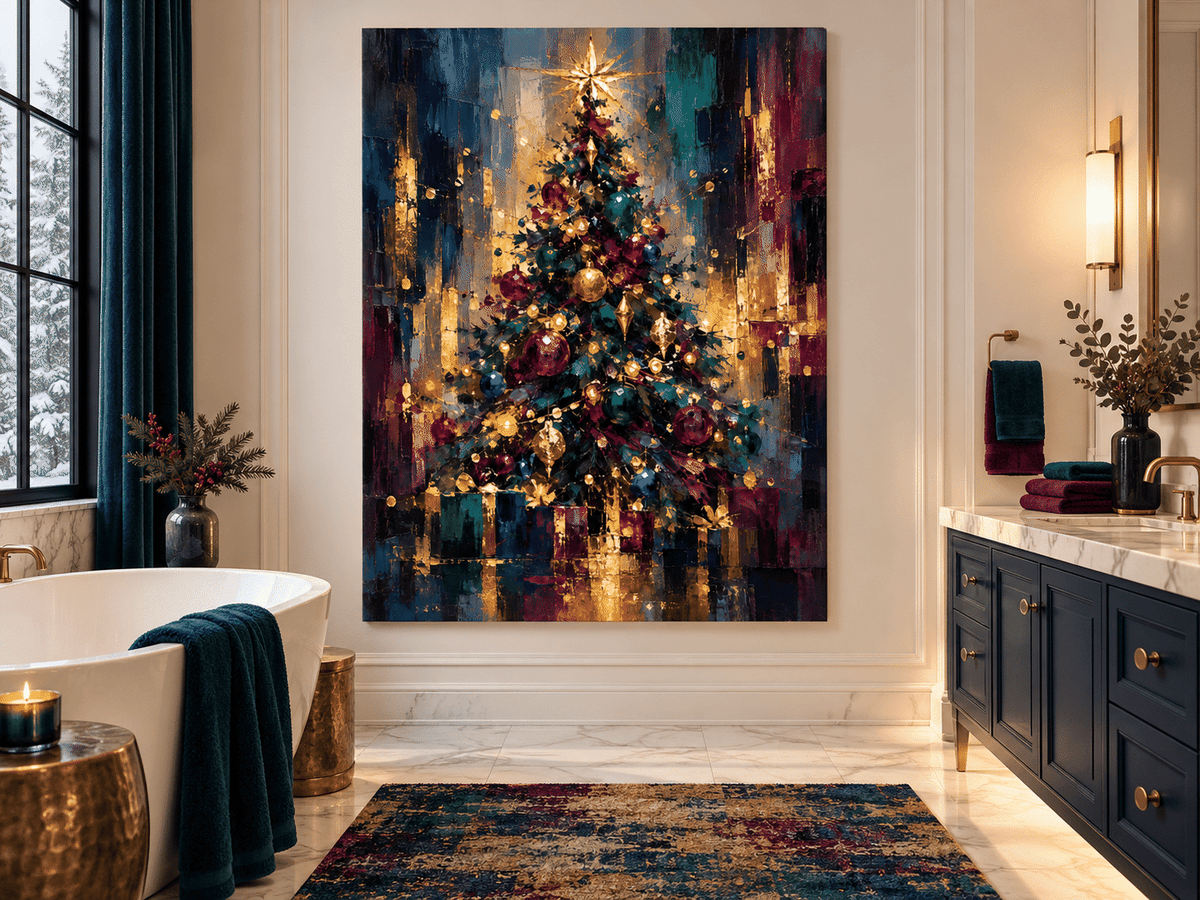 Abstract Christmas Tree Canvas Painting With Gold Star And Ornaments