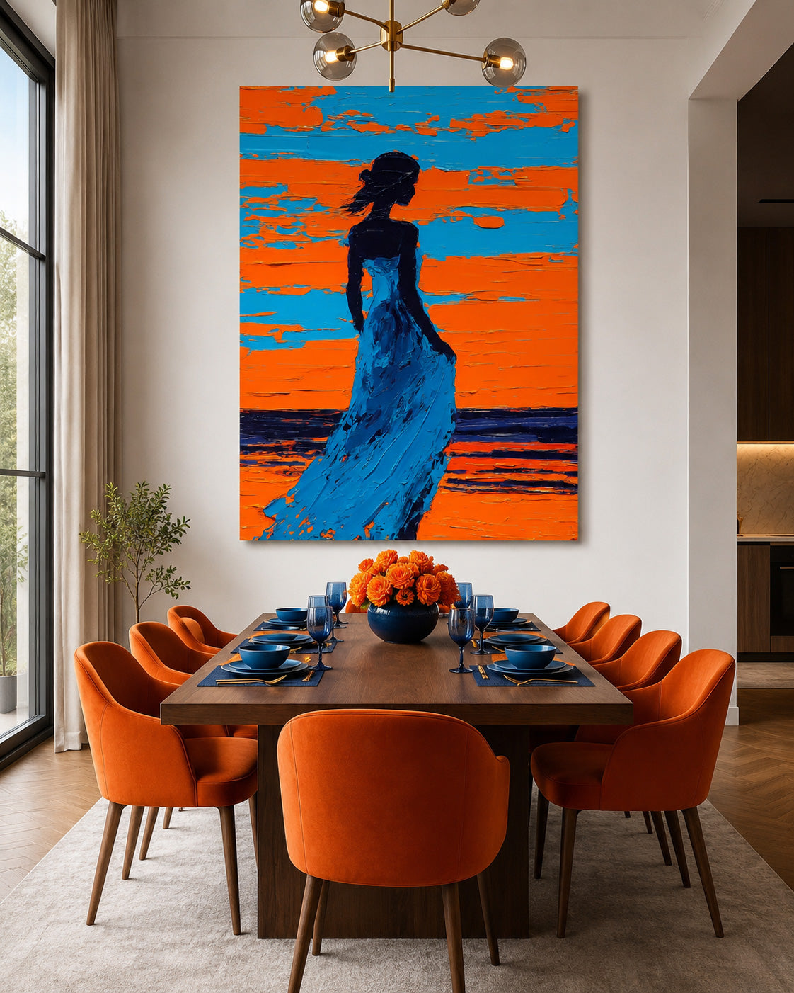 Contemplative Woman Silhouette Against Sunset Ocean Original Oil Painting For Wall Art