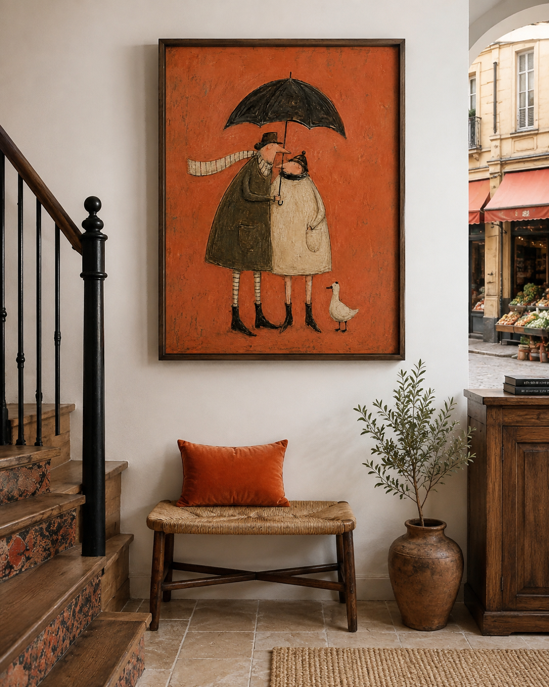 Vintage Couple With Umbrella And Duck Hand-Painted Canvas Wall Art In Warm Orange Tones