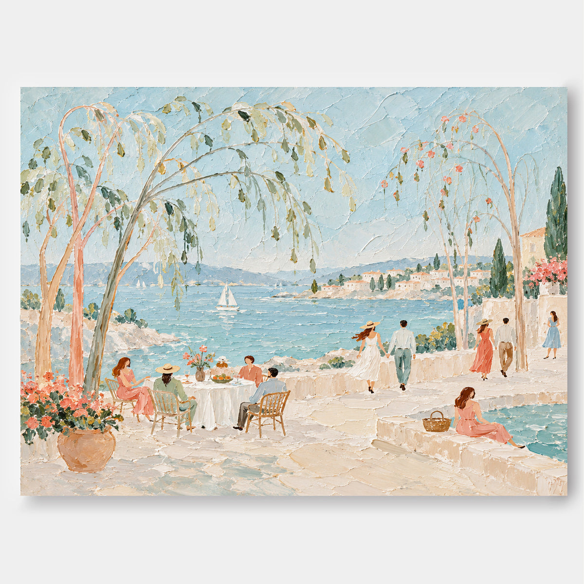 Hand-Painted Mediterranean Sea View With Sailboats And Terrace Gathering Canvas Art