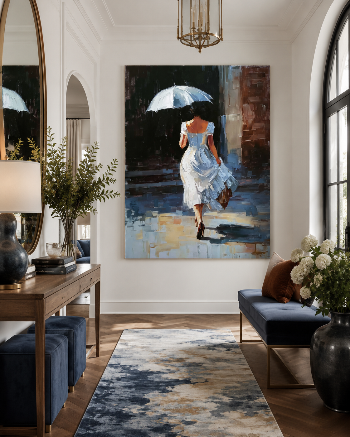 Woman With Umbrella Oil Painting Modern City Street Art For Living Room Decor