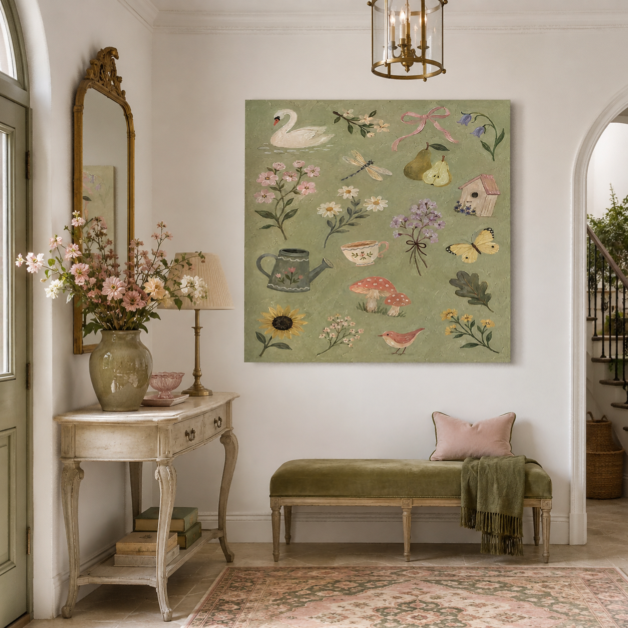 Square Canvas Wall Art Featuring Whimsical Garden Elements In Retro Style