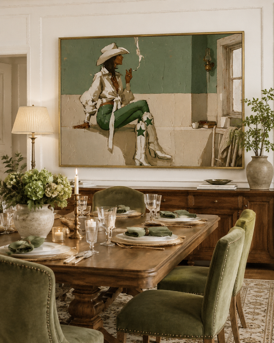 Modern Western Cowgirl Art Painting With Green And White Tones For Living Room Decor