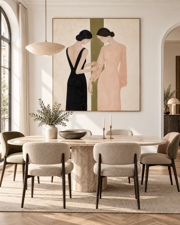 Minimalist Geometric Painting Two Women In Black And Pink Dresses Hand-Painted Modern Canvas Art