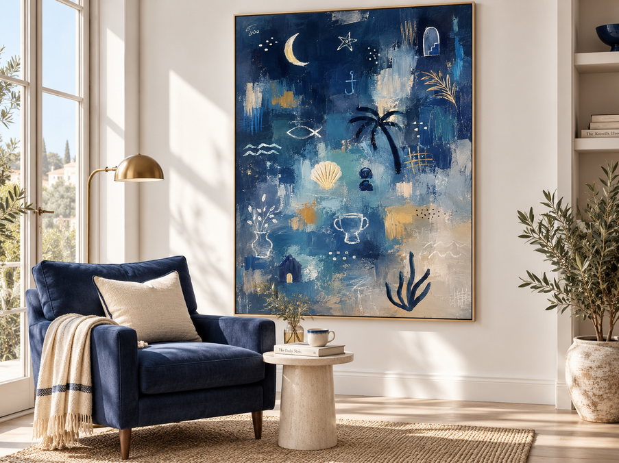 Modern Textured Abstract Painting With Gold Accents Ocean Theme Wall Art