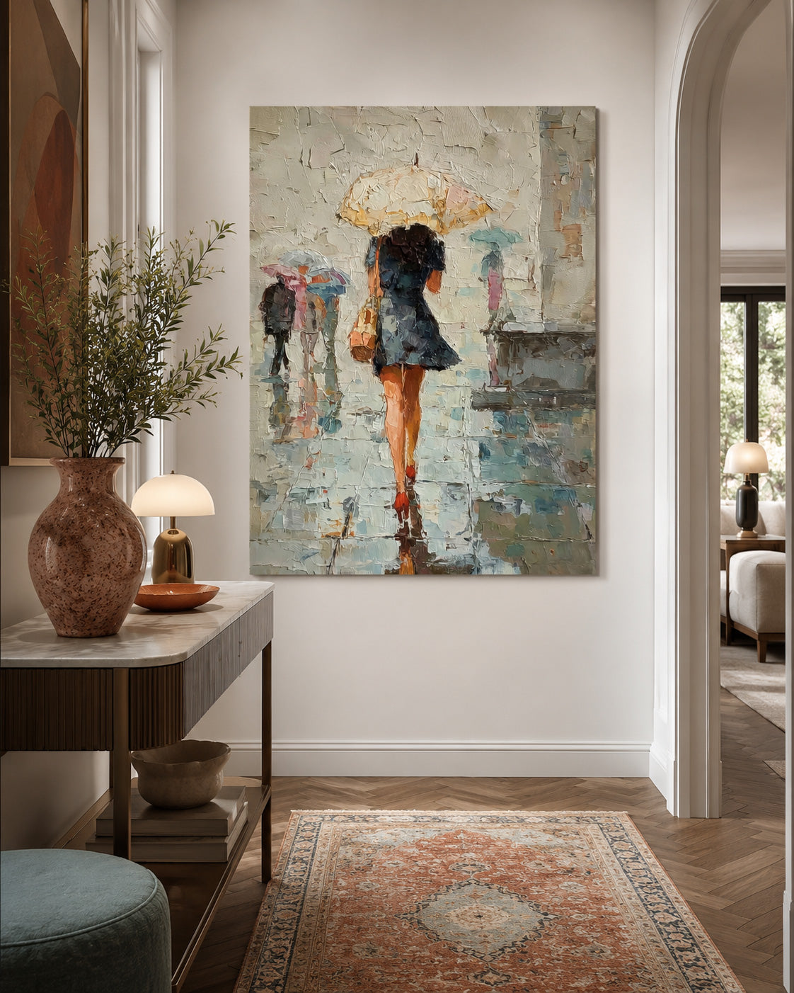 Rainy City Street Oil Painting Of Woman With Umbrella For Modern Home Decor
