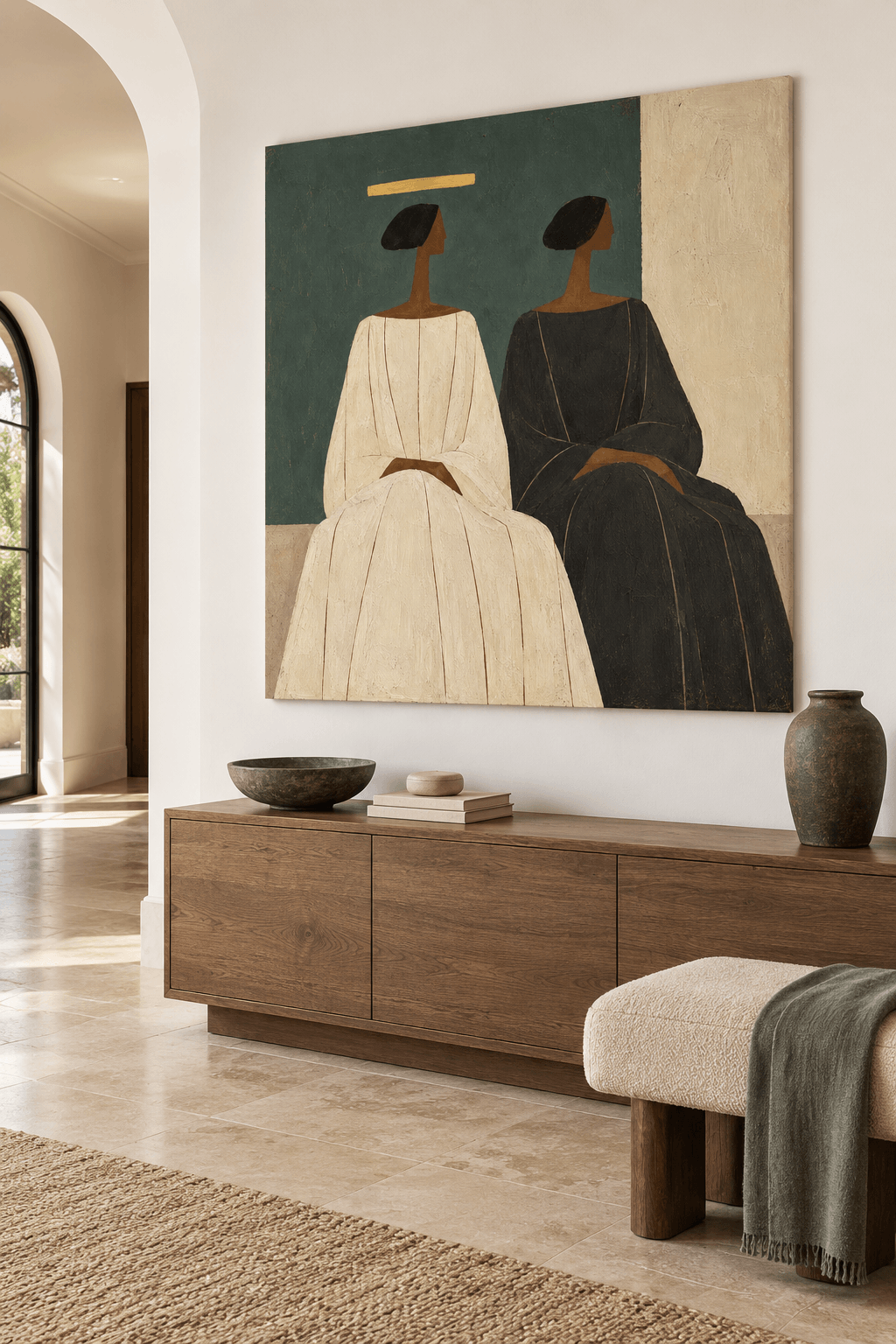 Two Women In Robes Canvas Painting With Gold Halo On Green Background