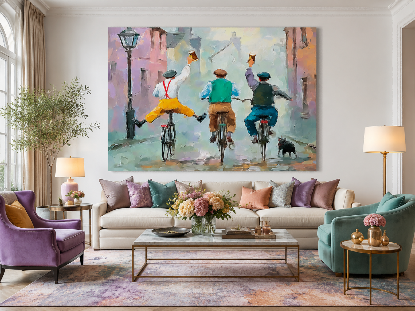 Impressionist Street Scene With Three Men Cycling And Celebrating Vintage Wall Art