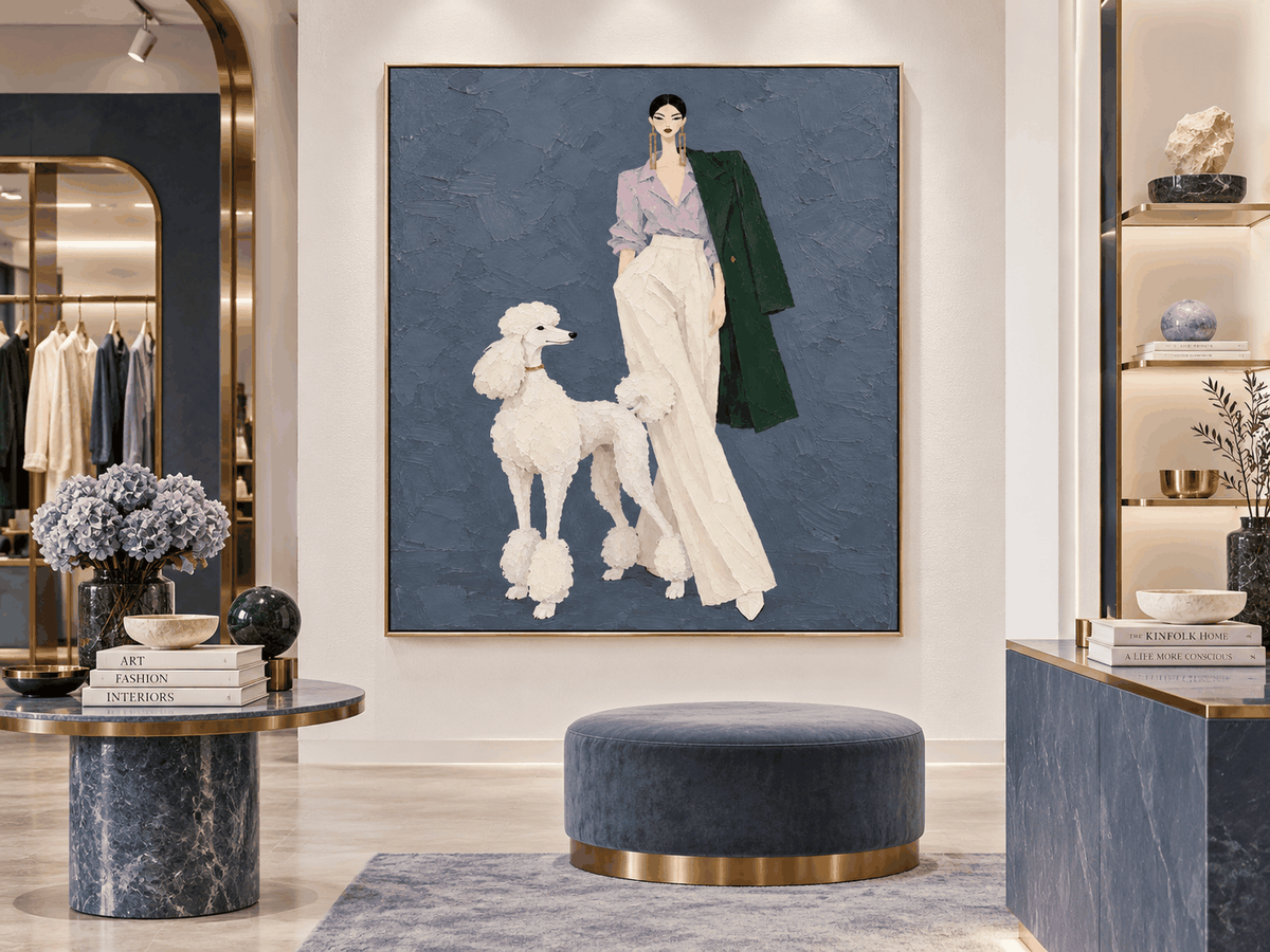 Fashion Lady With Poodle Hand-Painted Canvas Art In Purple And Blue