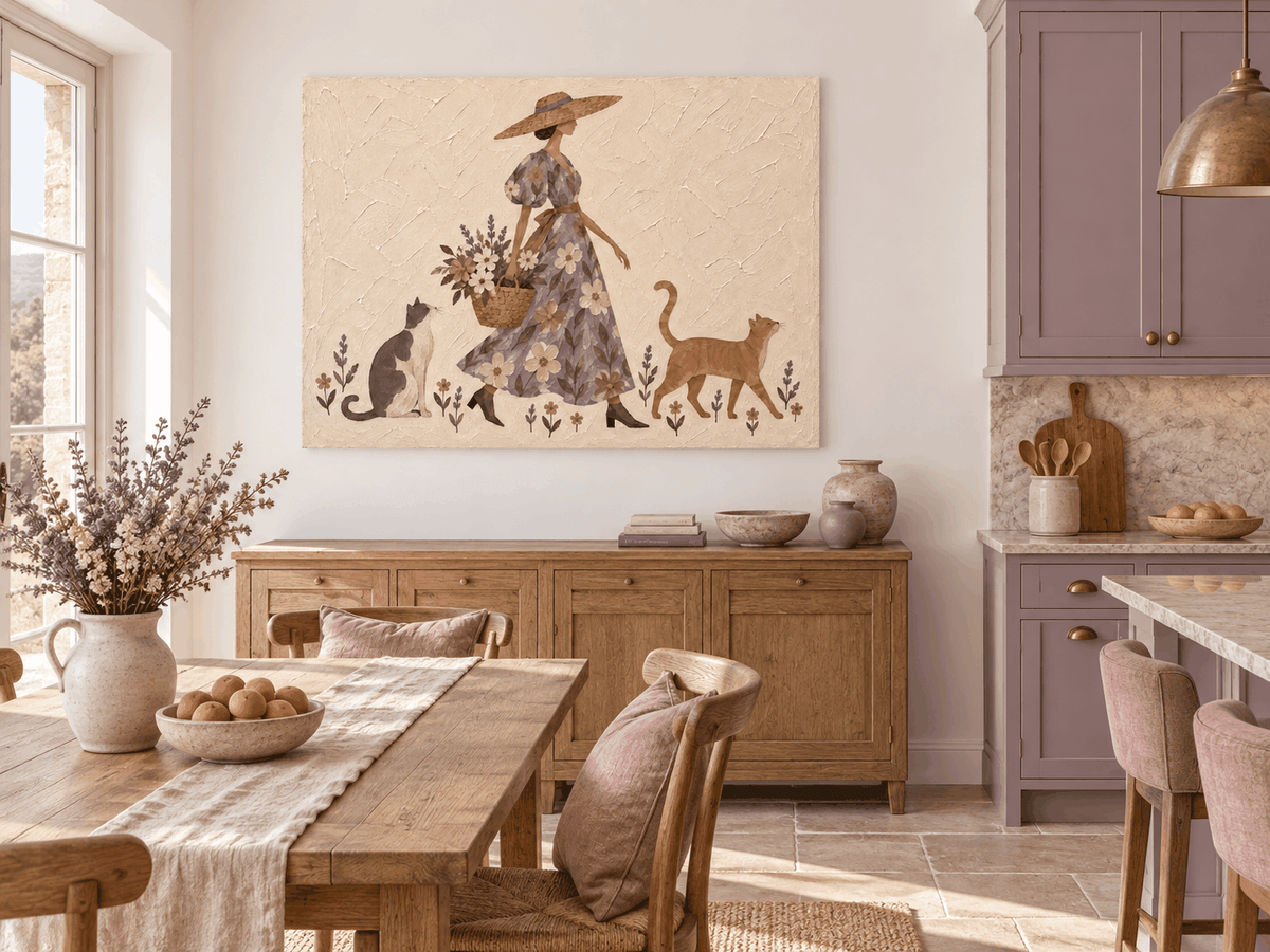 Hand-Painted Lady With Cats And Flowers Canvas Art In Beige And Purple