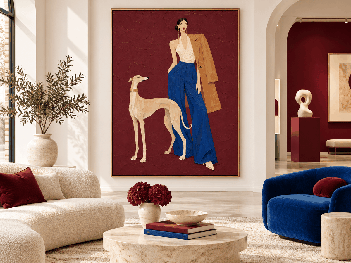 Fashion Woman And Greyhound Dog Canvas Painting In Burgundy Red