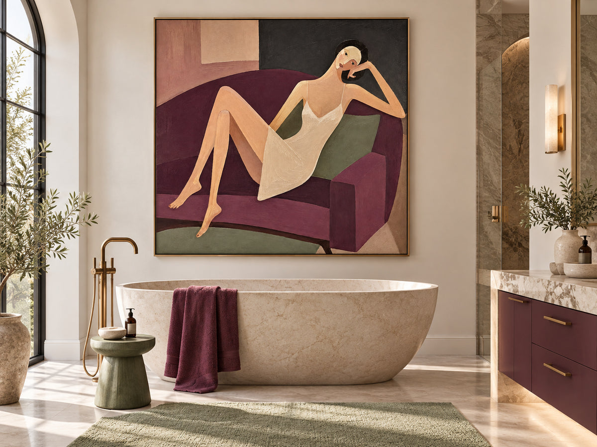 Minimalist Retro Style Canvas Art Textured Painting Of Lady Relaxing On Sofa Original