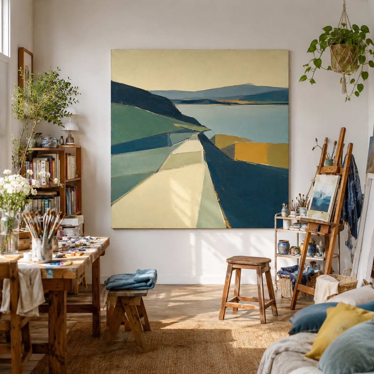 Modern Abstract Landscape Painting With Geometric Forms For Living Room Decor