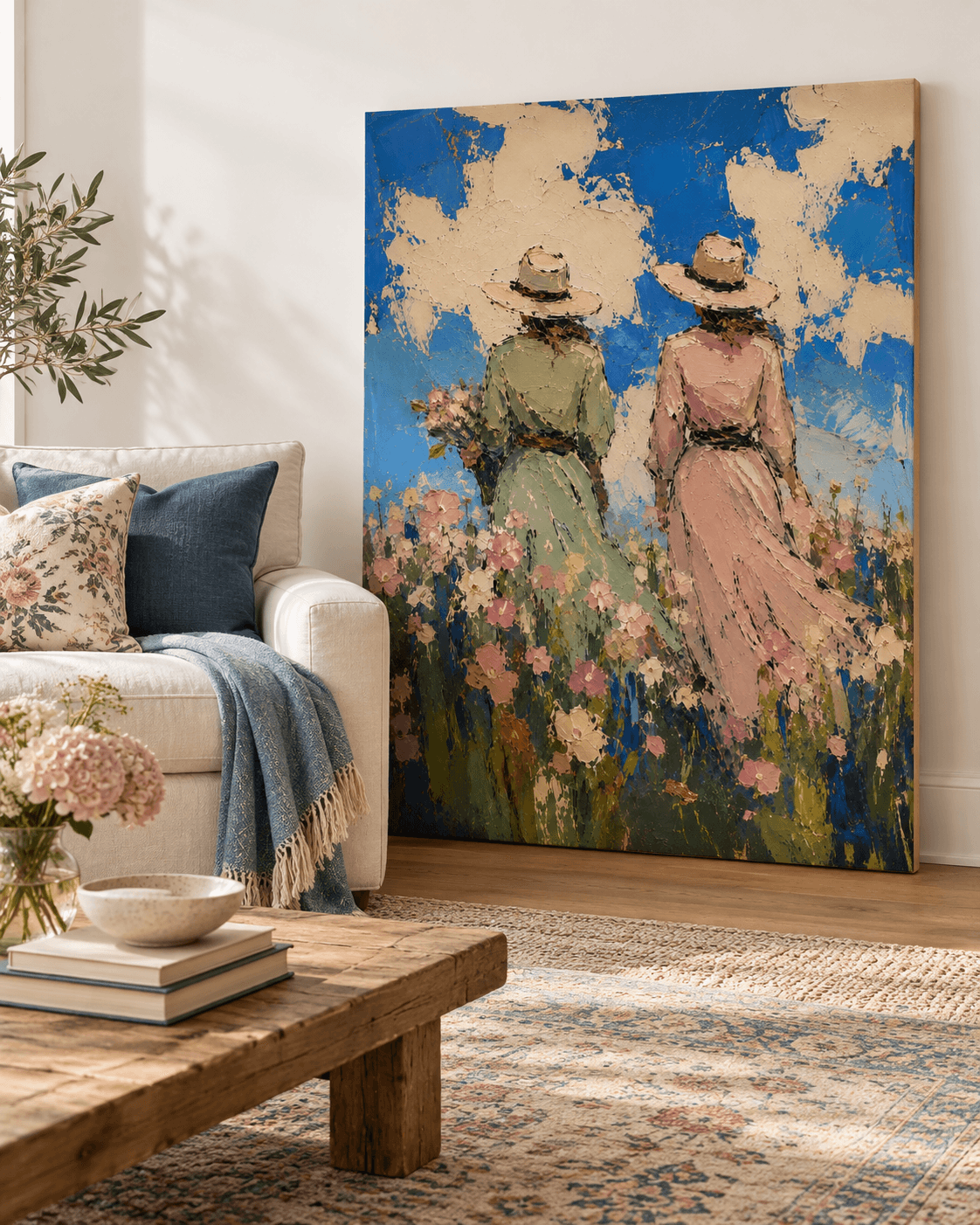 Impressionist Style Textured Art Sisters Back View Blue And Pink Tones