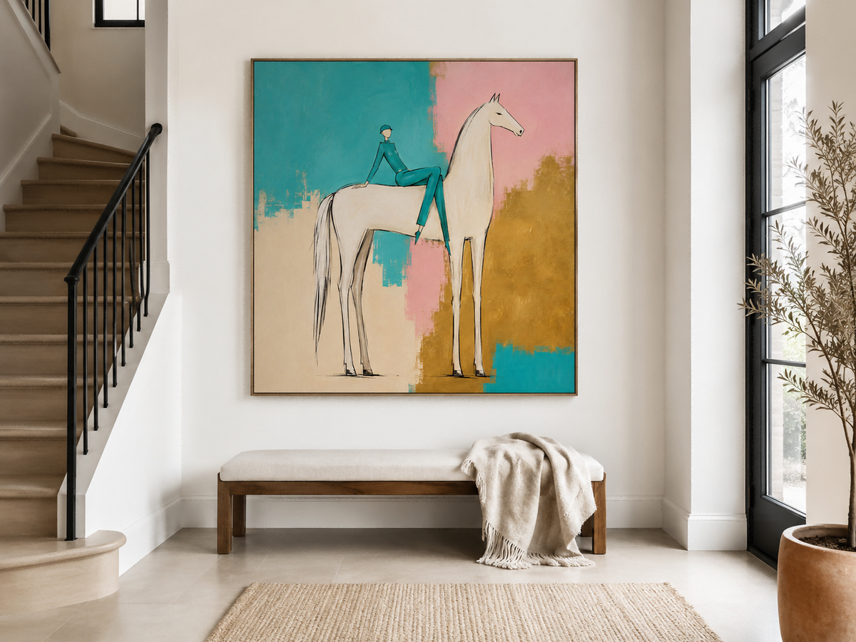 Abstract Equestrian Canvas Painting In Modern Pop Style With Vibrant Color Blocks