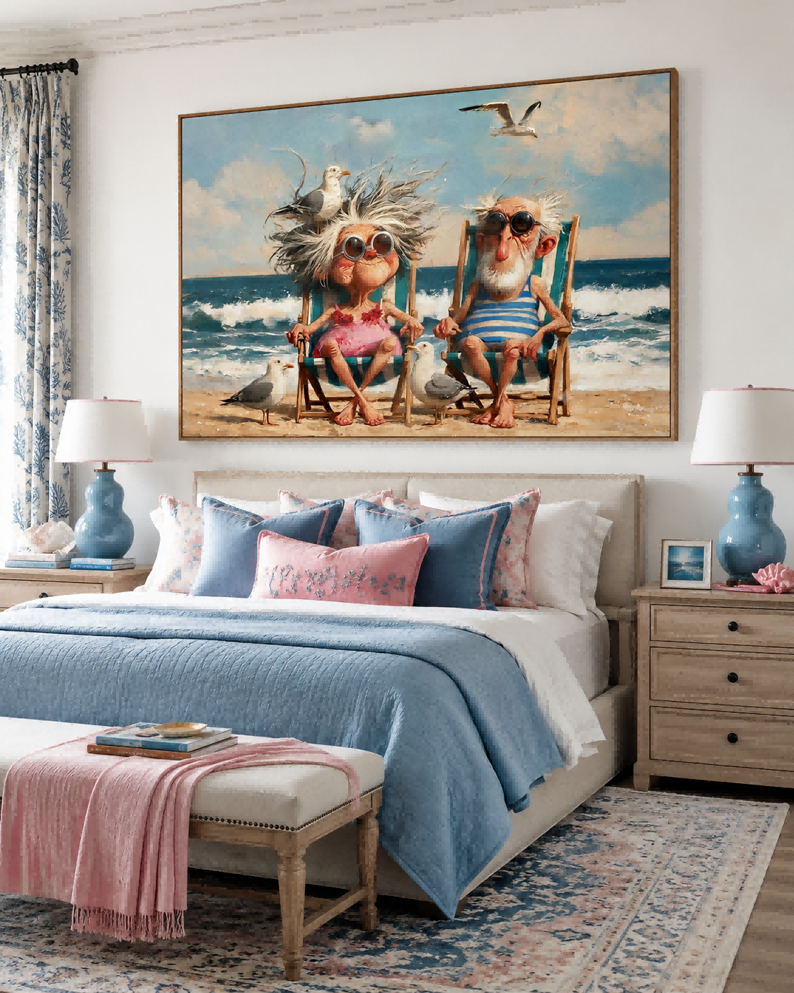 Bright Coastal Art Featuring Funny Seniors And Seagulls For Beach House Wall