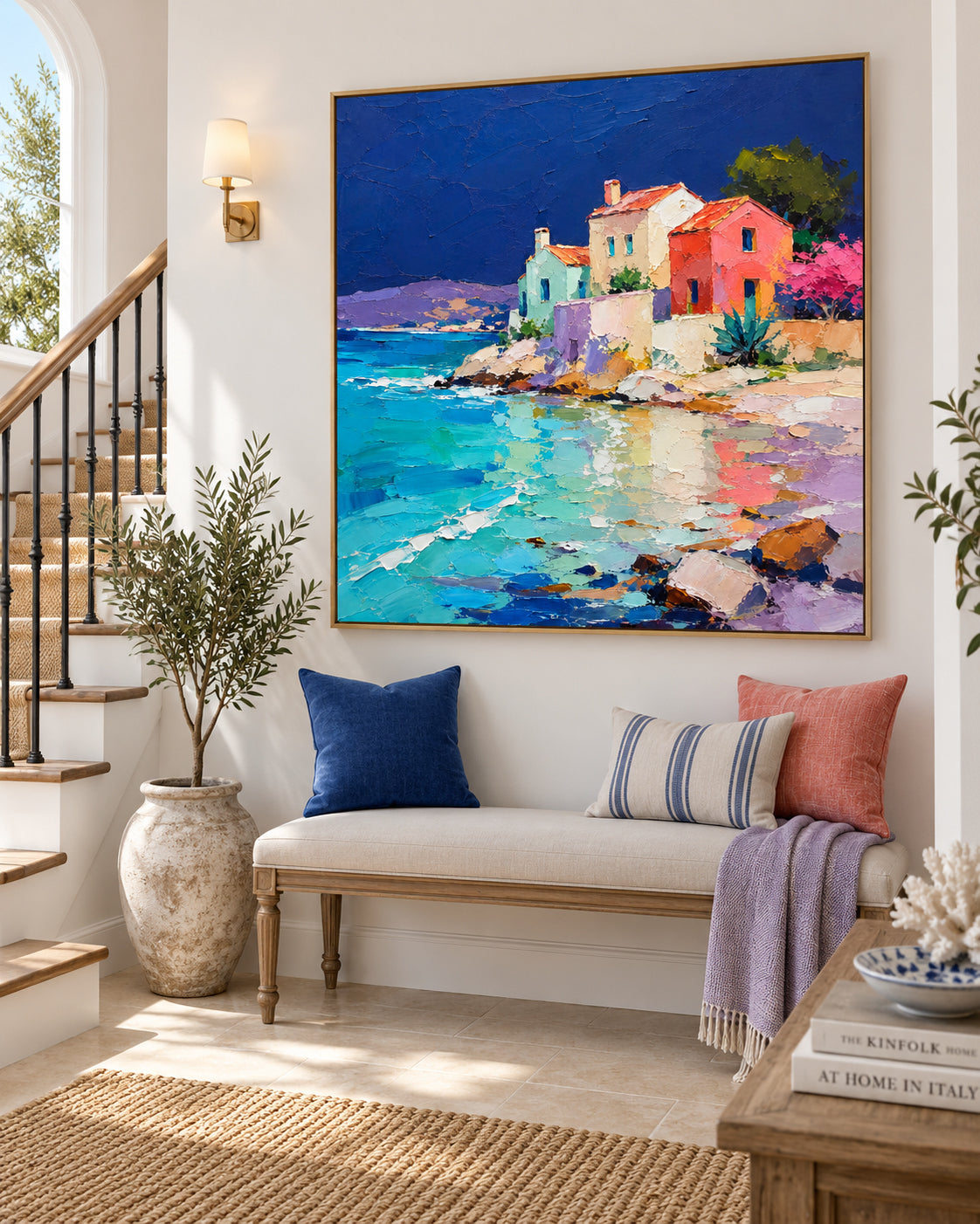 Colorful Mediterranean Coastal Houses With Sea Reflections Hand-Painted Canvas Art