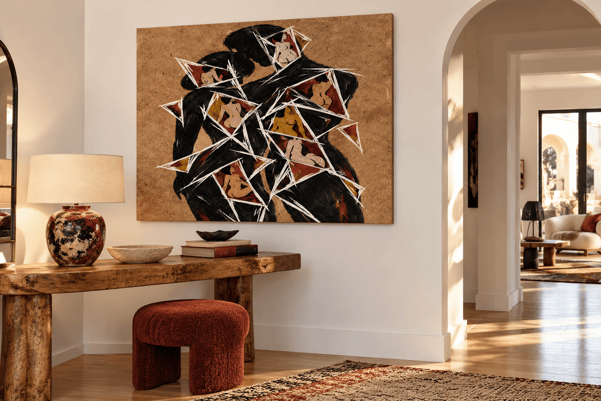 Abstract Lovers Silhouette Hand-Painted Canvas Art With Geometric Shards Cubist Romantic Art