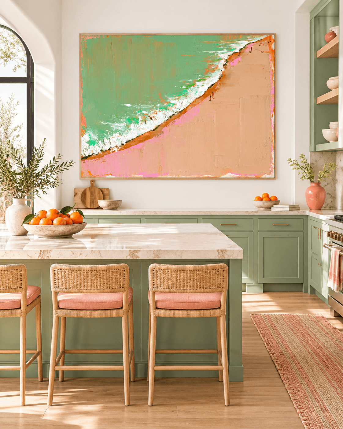 Minimalist Textured Abstract Art In Green And Beige Tones