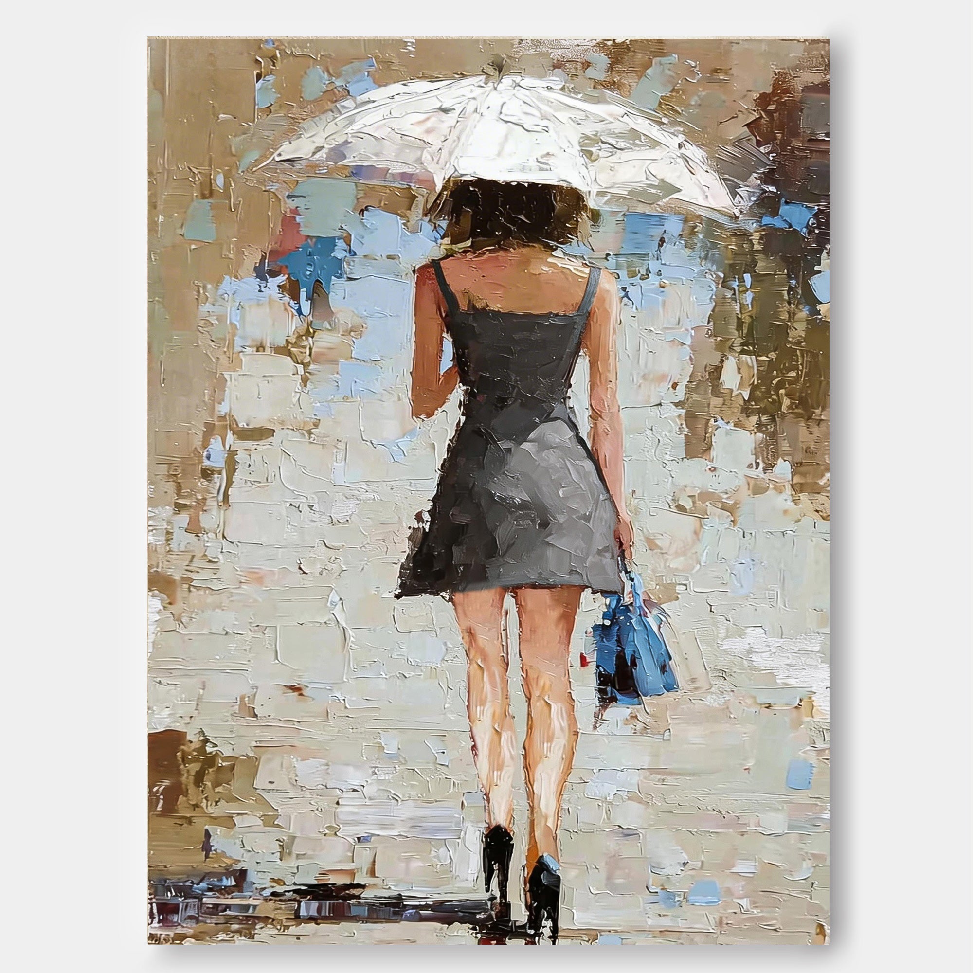 Romantic Urban Scene Oil Painting Silhouette Of Lady In Rain For Bedroom