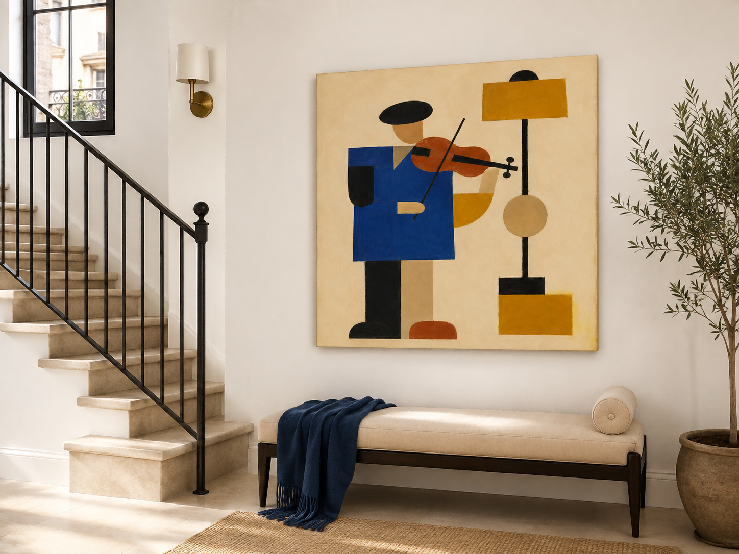 Minimalist Cubist Style Oil Painting Abstract Figure With Violin Artwork
