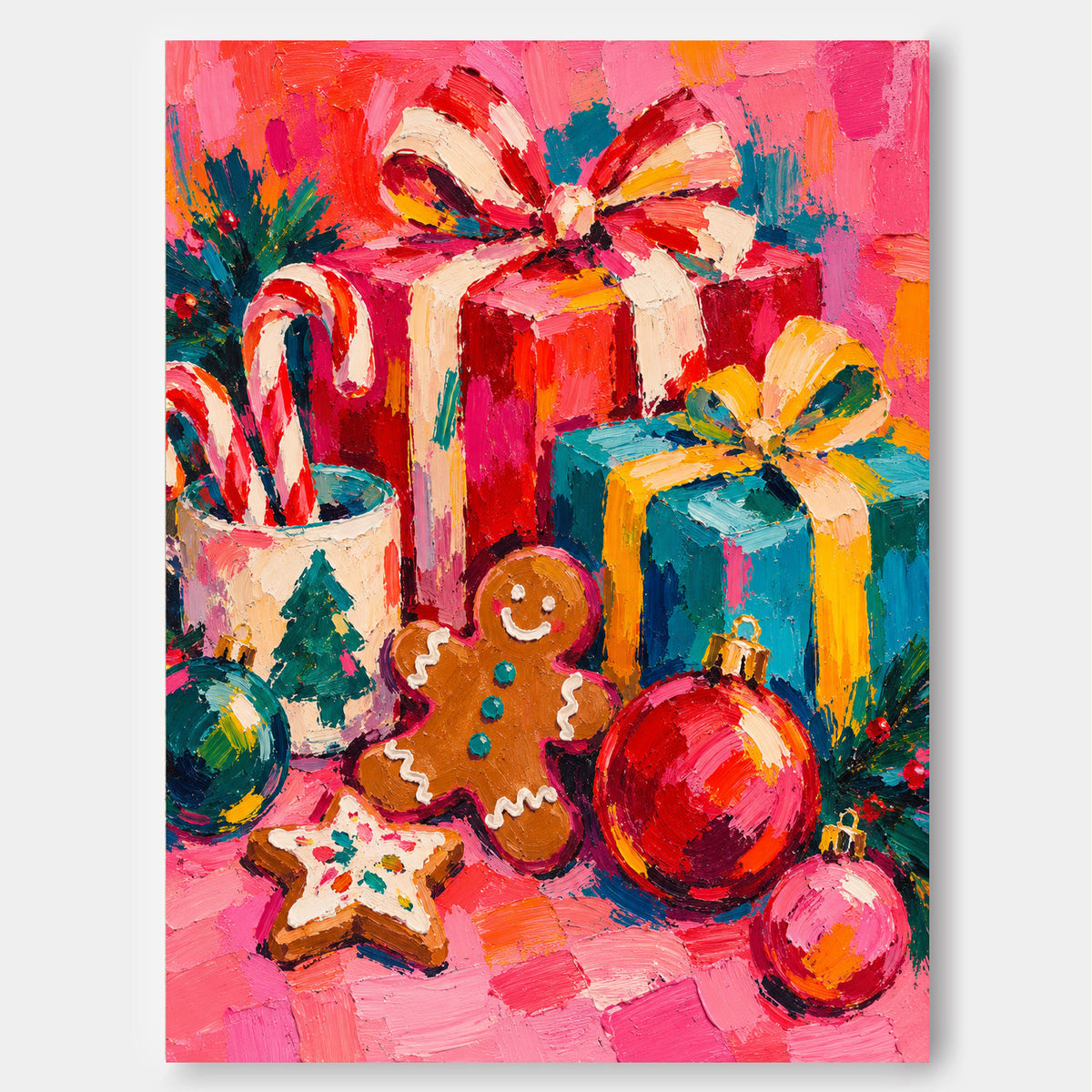 Abstract Vintage Holiday Painting With High Saturation Magenta And Teal Tones