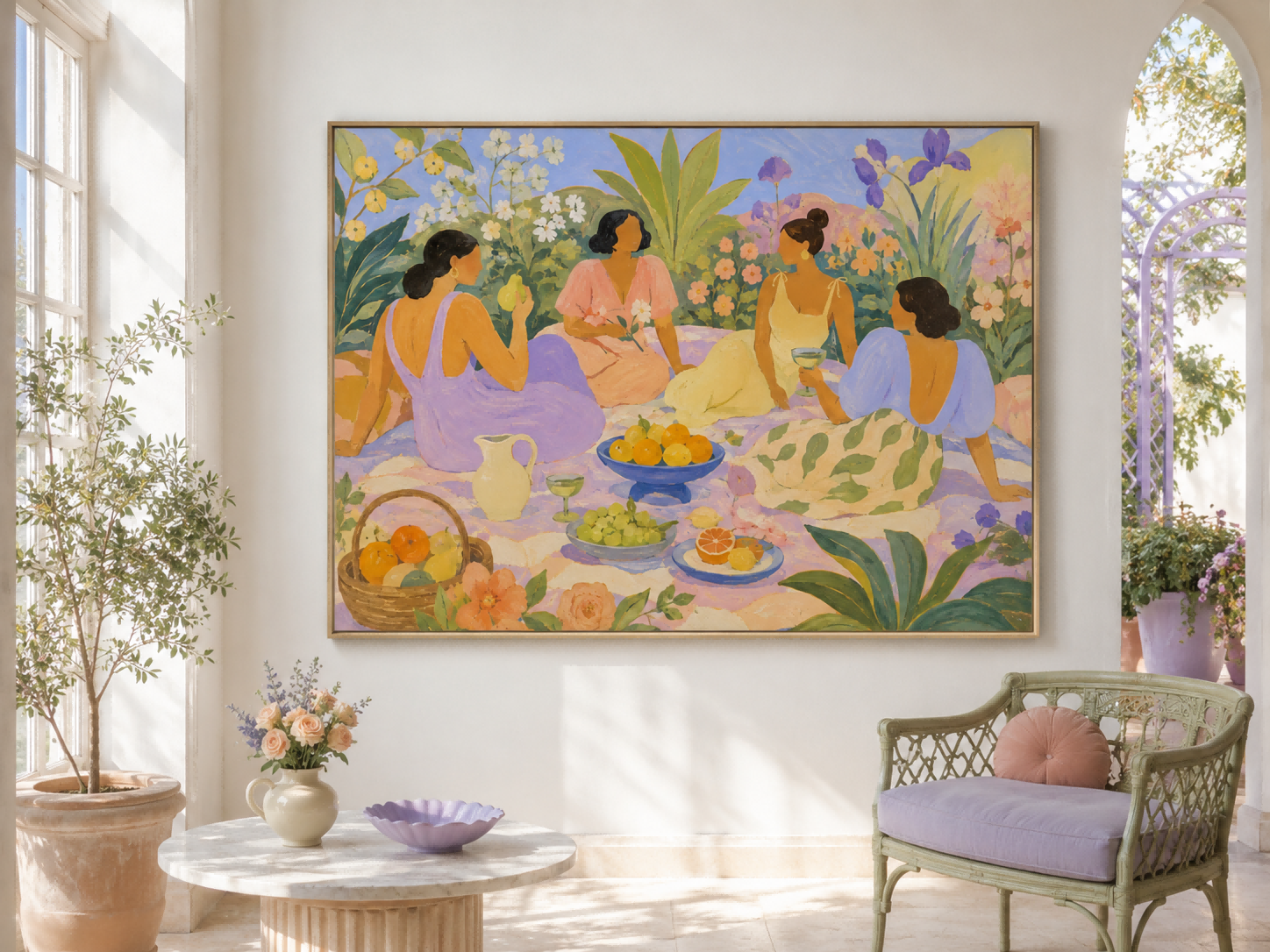 Women Picnic In Fantasy Garden Art Deco Canvas Painting With Fruit And Flowers