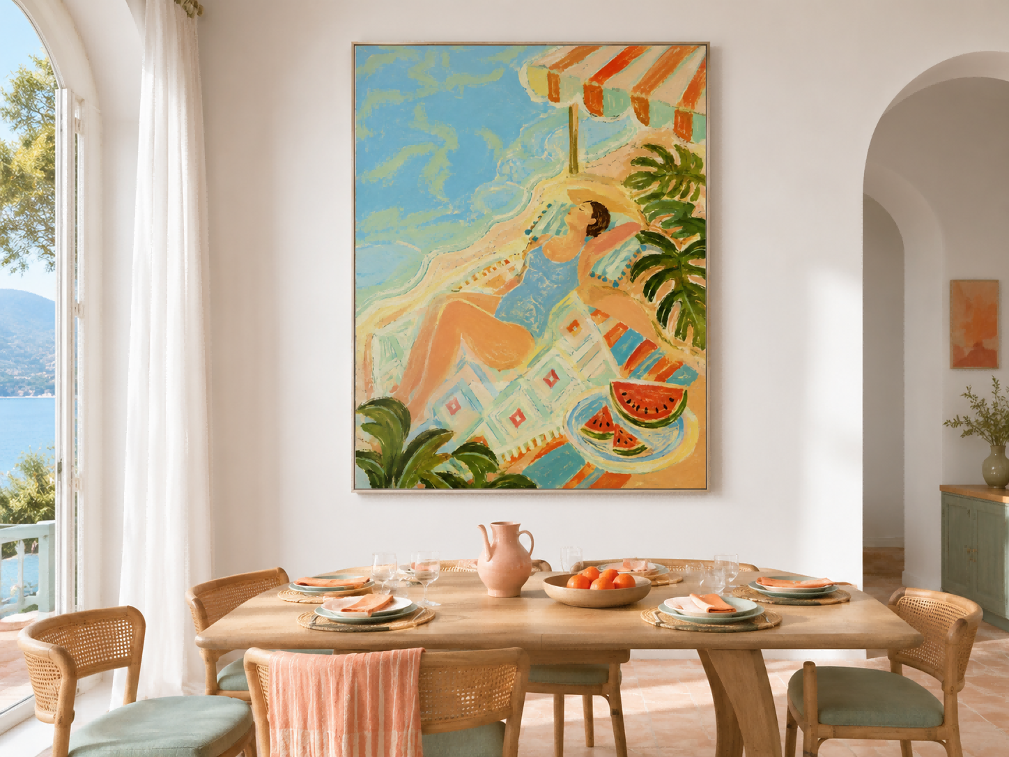 Dreamy Art Deco Style Painting With Ocean And Tropical Elements