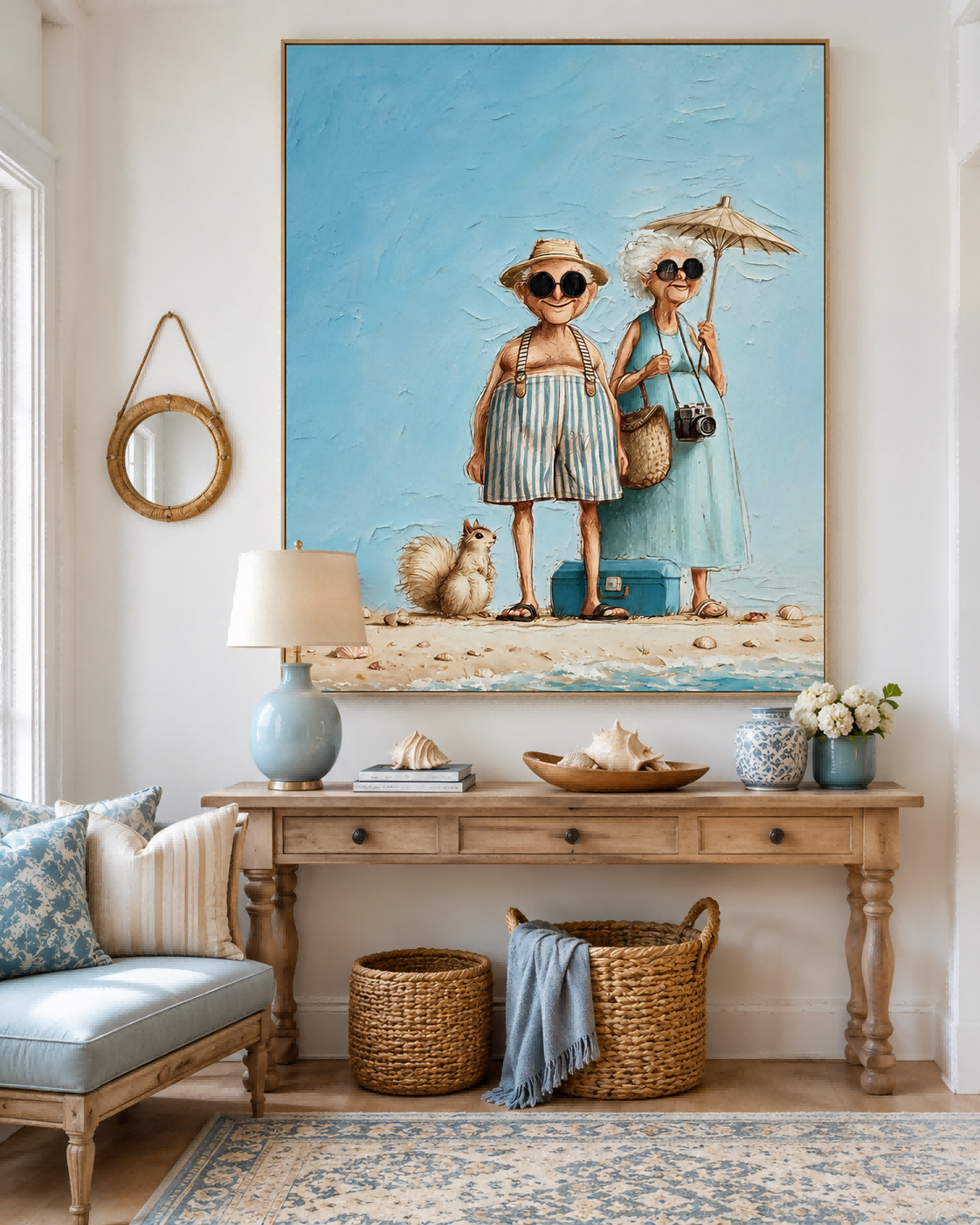 Whimsical Vintage Couple Beach Painting Textured Canvas Wall Art For Living Room Decor