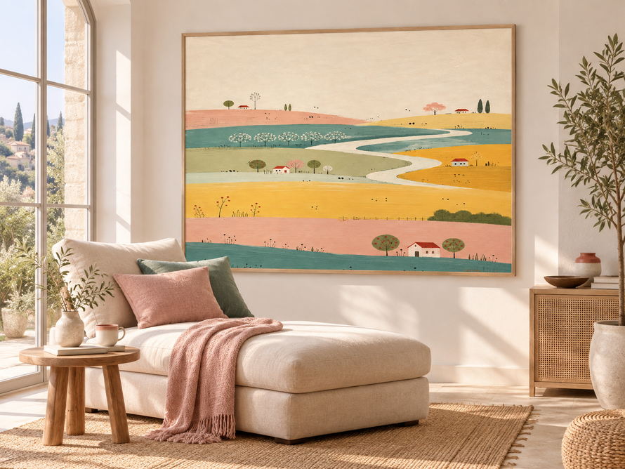 Modern Cream Style Canvas Painting With Whimsical Cottage And Path