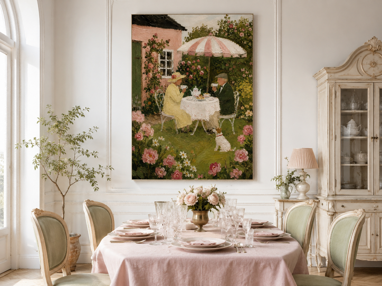 Vintage Romantic Oil Style Wall Art With Pink Roses And Tea Time Atmosphere