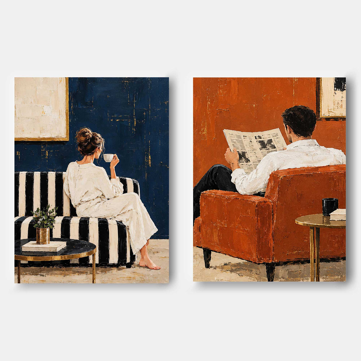 Textured Modern Art Diptych Original Handmade Canvas Painting In Blue And Terracotta Couple Wall Art