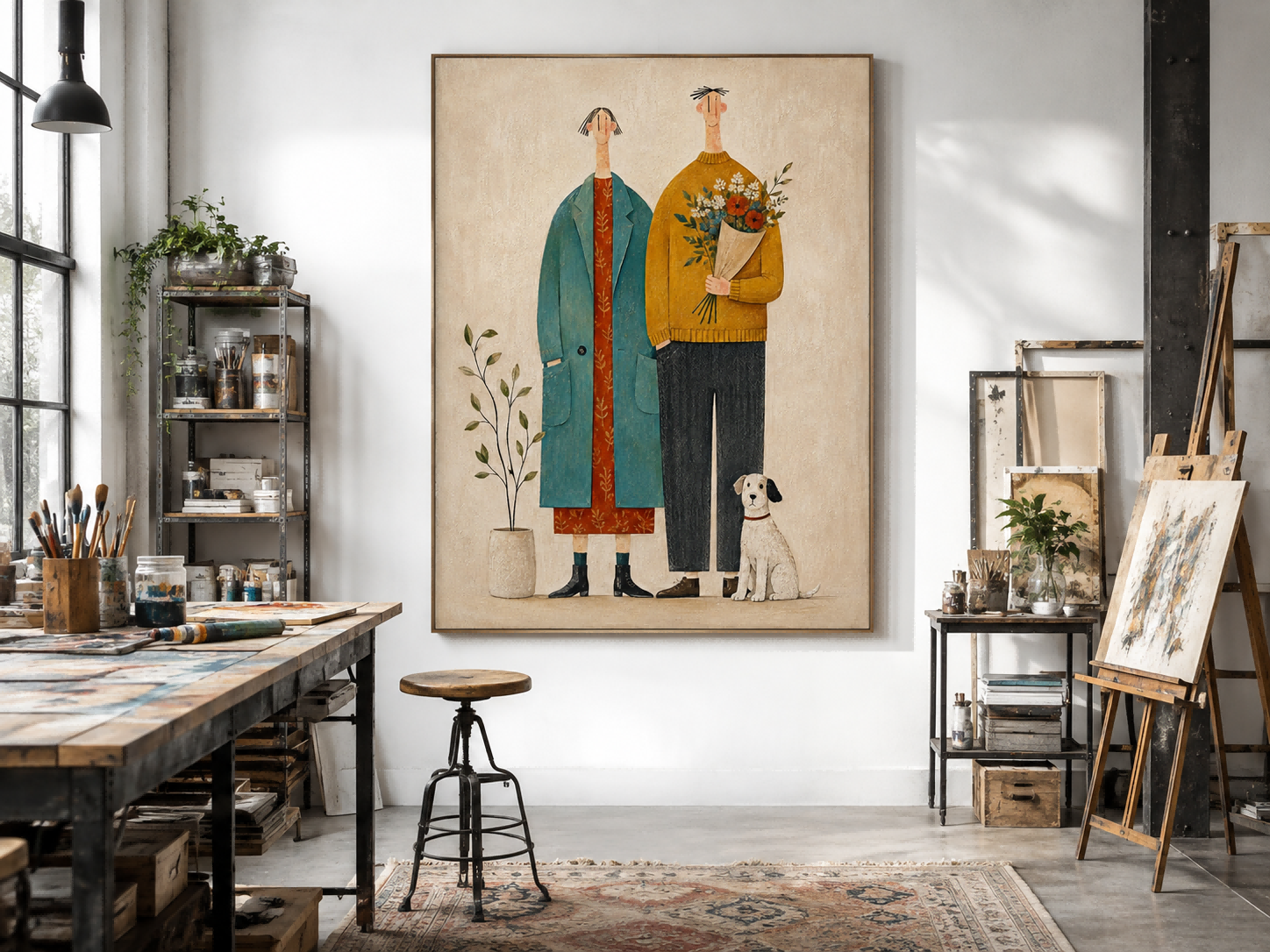 Charming Naive Art Couple Portrait With Dog For Modern Vintage Home Decor