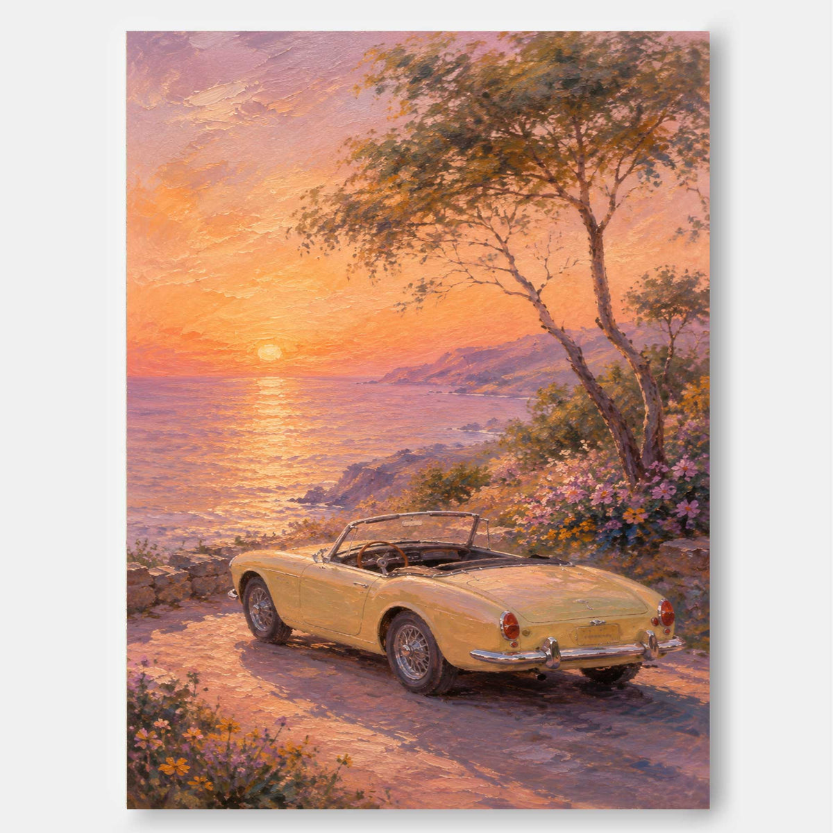 Vintage Car And Sunset Sea Hand-Painted Canvas Art In Gold And Pink