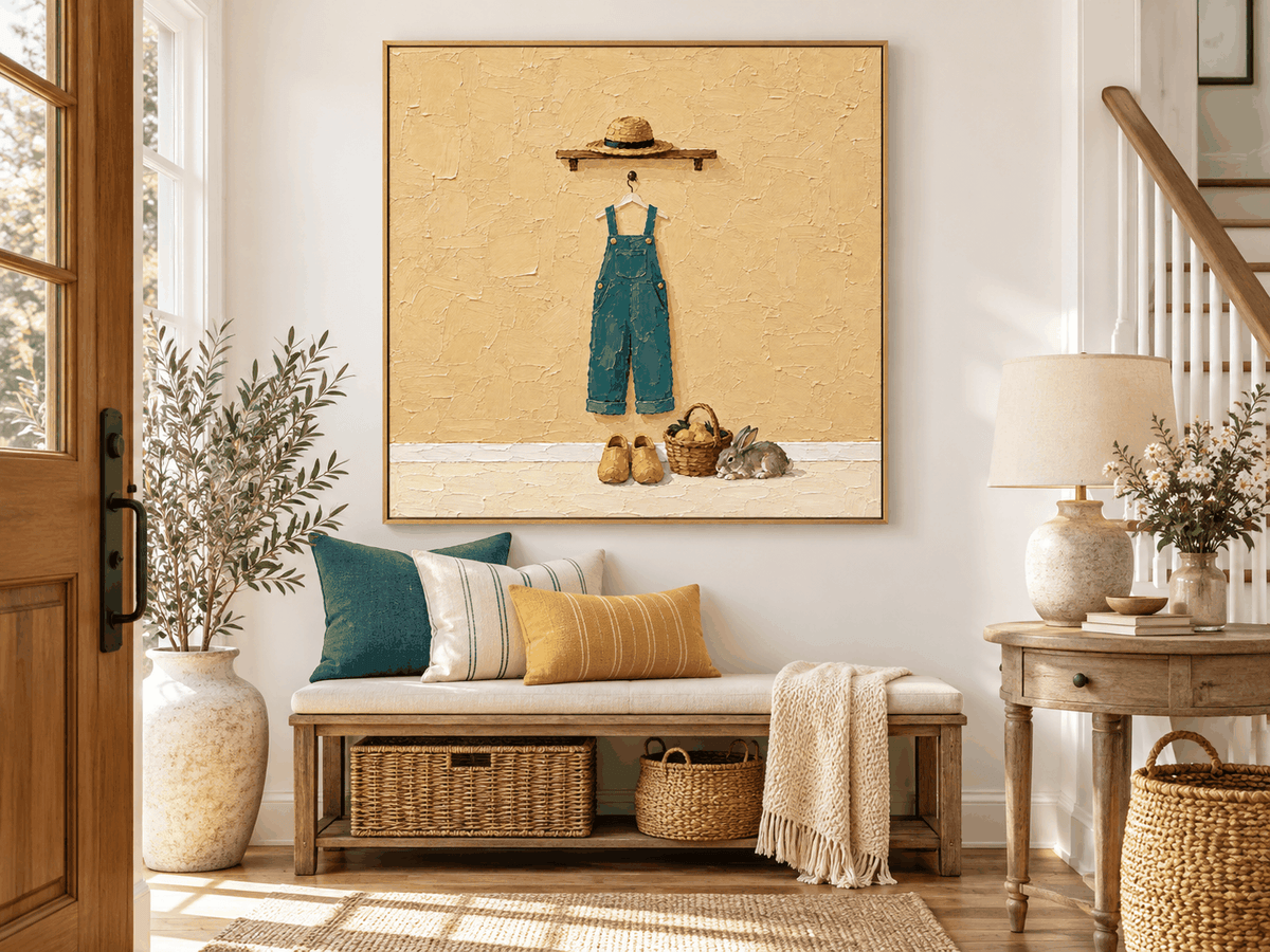 Rabbit And Overalls Wall Art Charming Entryway Art With Textured Beige And Blue-Green Tones