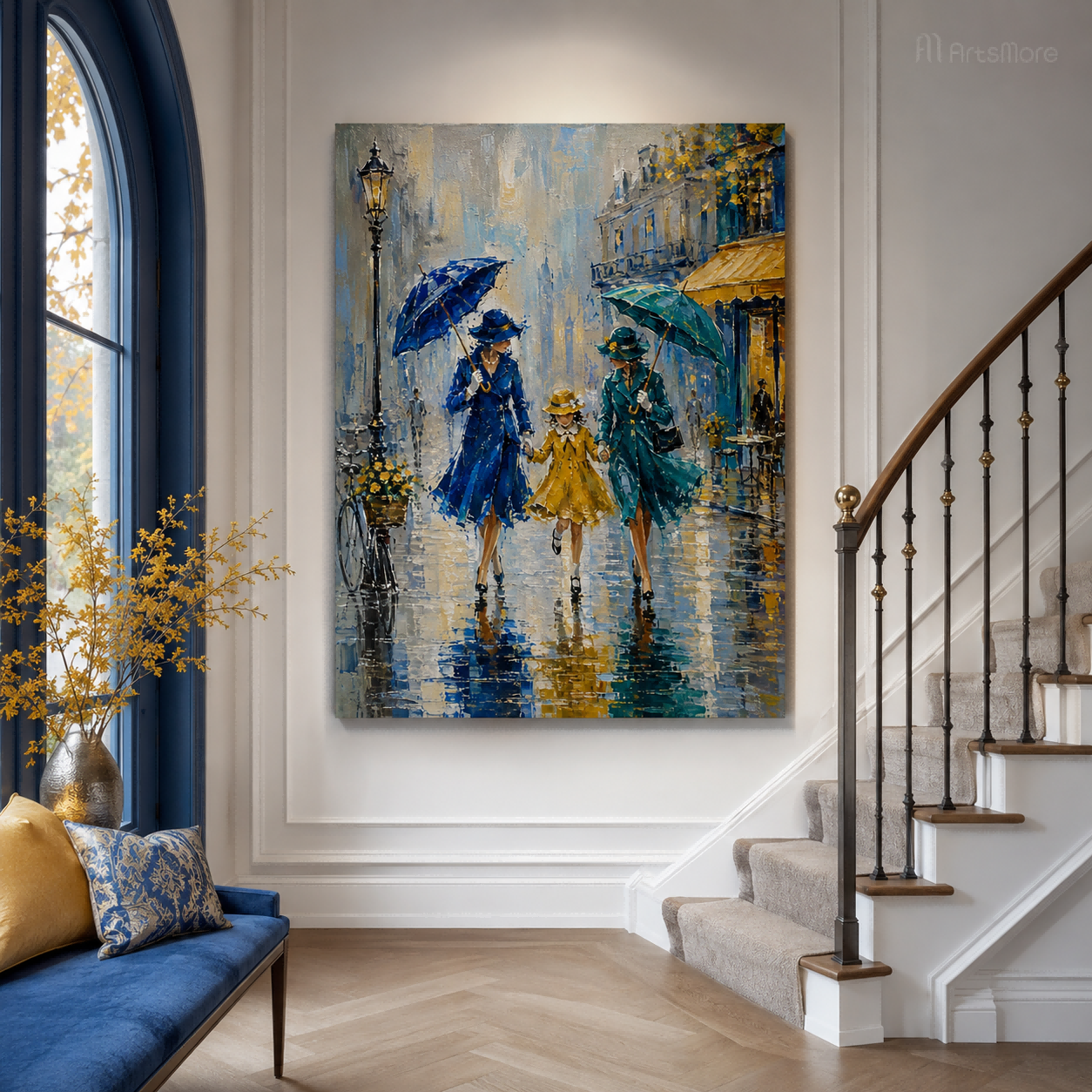 Impressionist City Life Painting With Umbrellas And Reflections In Blue And Yellow Tones