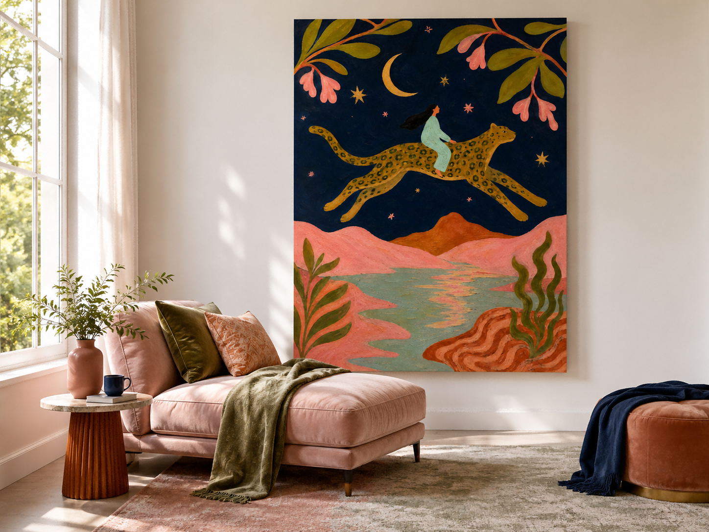 Art Deco Fantasy Painting With Leopard And Floral Motifs Original Canvas Artwork