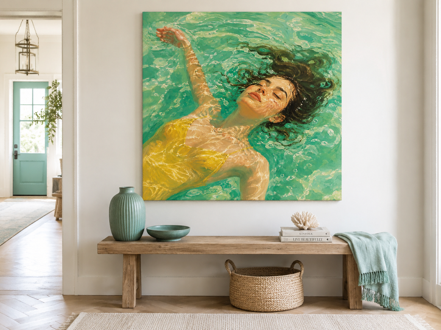 Realistic Oil Painting Of Woman Floating In Pool With Sunlight And Green Water For Modern Home Decor