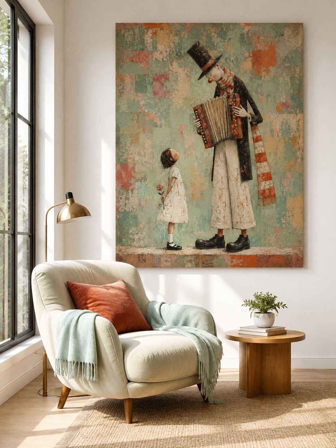 Hand-Painted Accordion Man And Girl Canvas Art With Rose Vintage Style