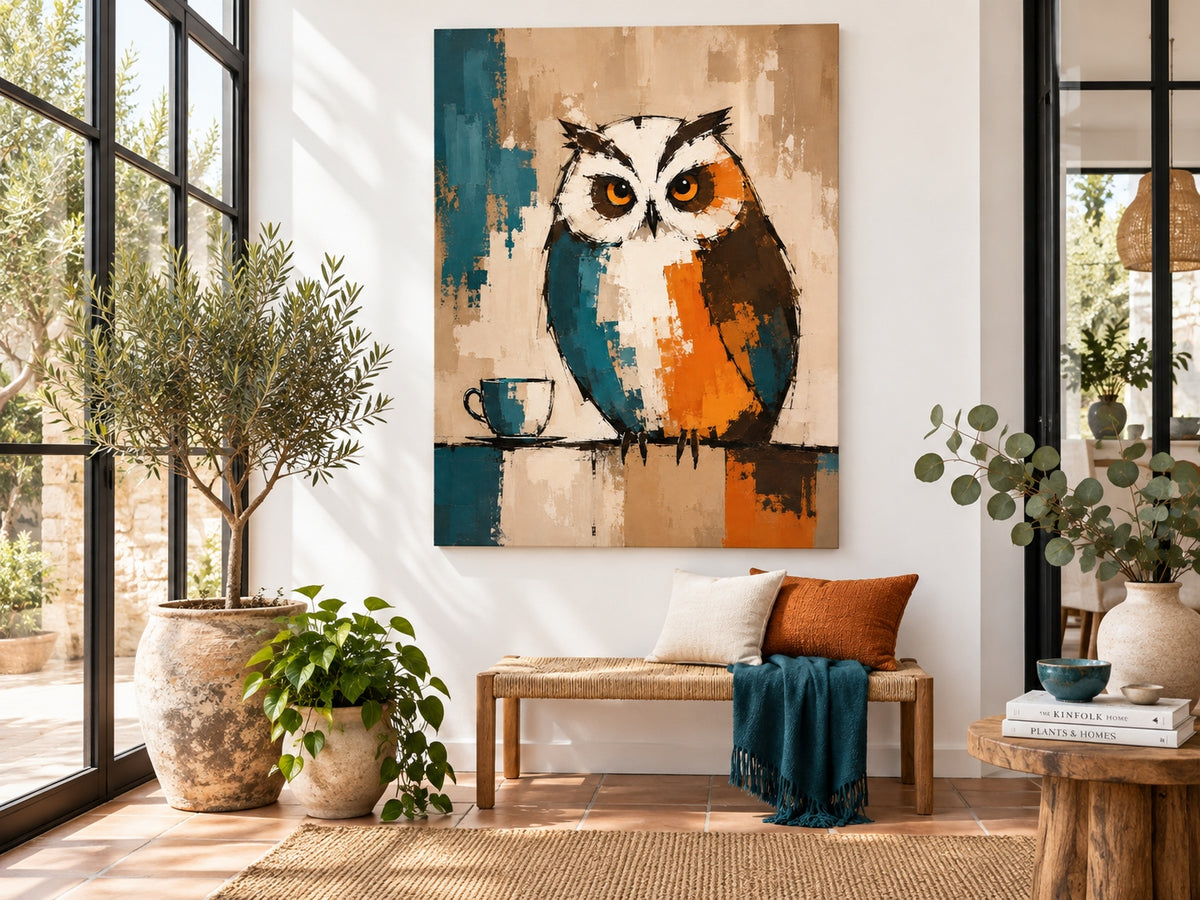 Minimalist Textured Canvas Art With Retro Color Block Design And Owl Theme